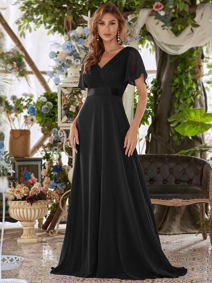 MsDresslyEP Formal Dress Long Empire Waist Bridesmaid Dress with Short Flutter Sleeves DRE230977913BLK4