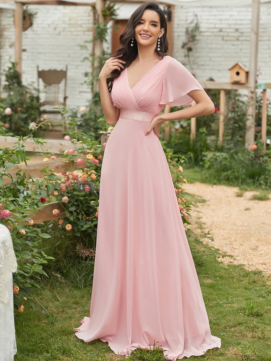 MsDresslyEP Formal Dress Long Empire Waist Bridesmaid Dress with Short Flutter Sleeves DRE230977925PNK4