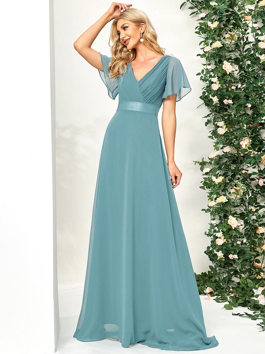 MsDresslyEP Formal Dress Long Empire Waist Bridesmaid Dress with Short Flutter Sleeves DRE230977949DBU4