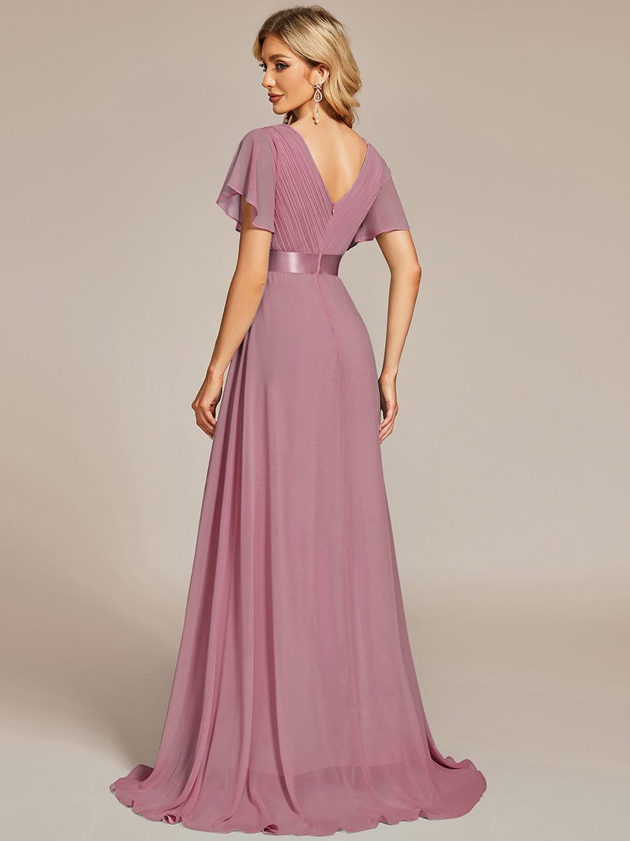 MsDresslyEP Formal Dress Long Empire Waist Bridesmaid Dress with Short Flutter Sleeves