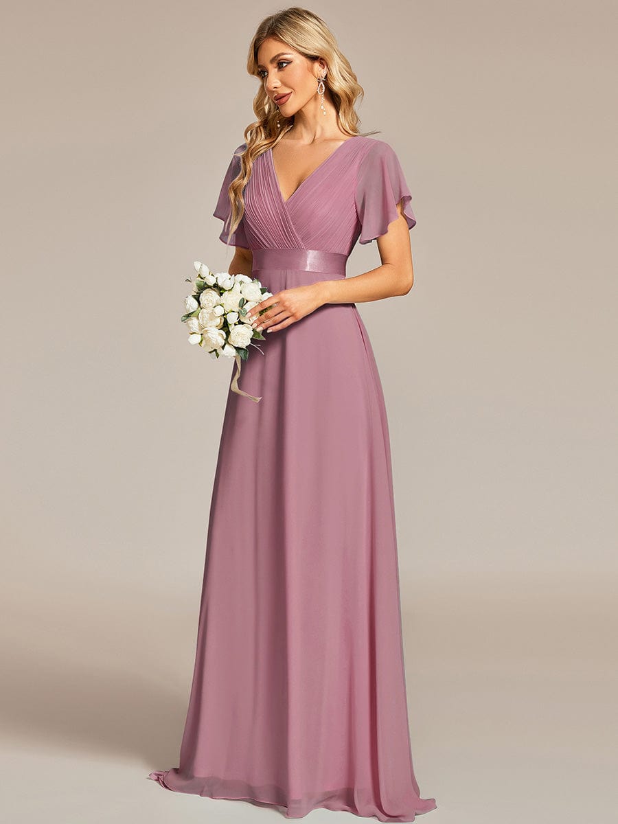 MsDresslyEP Formal Dress Long Empire Waist Bridesmaid Dress with Short Flutter Sleeves