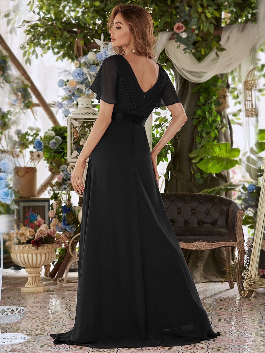 MsDresslyEP Formal Dress Long Empire Waist Bridesmaid Dress with Short Flutter Sleeves