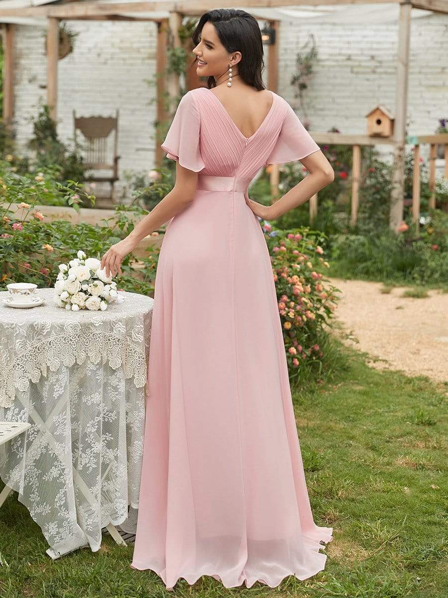 MsDresslyEP Formal Dress Long Empire Waist Bridesmaid Dress with Short Flutter Sleeves