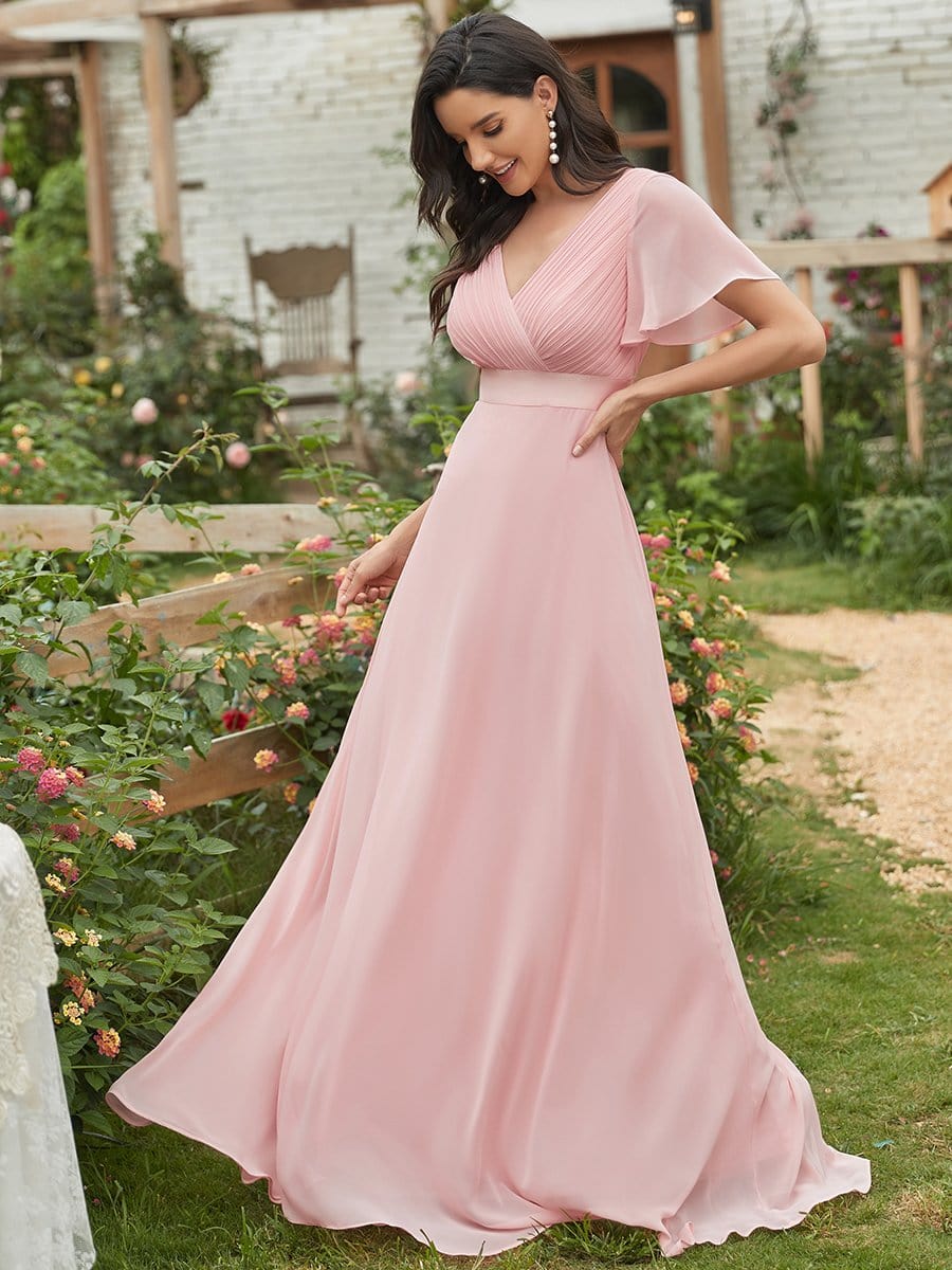 MsDresslyEP Formal Dress Long Empire Waist Bridesmaid Dress with Short Flutter Sleeves