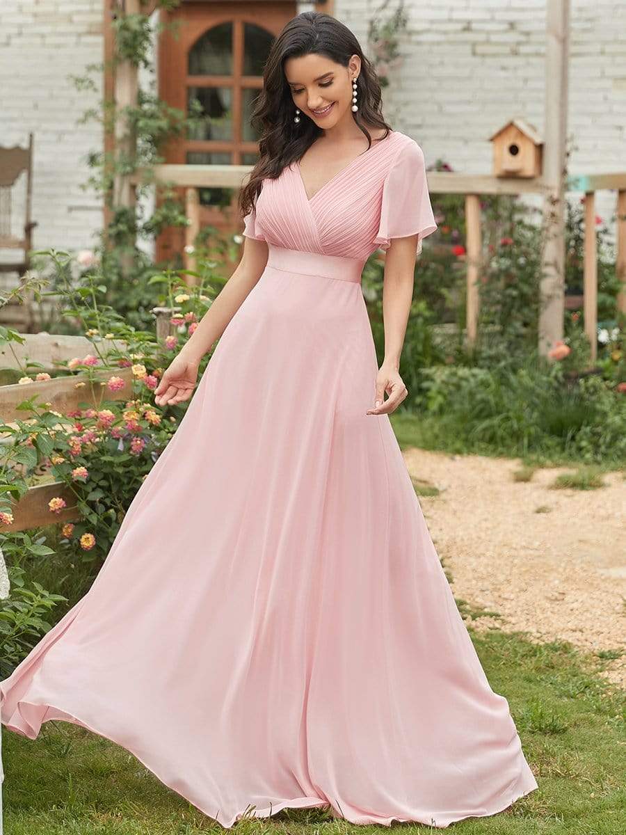 MsDresslyEP Formal Dress Long Empire Waist Bridesmaid Dress with Short Flutter Sleeves