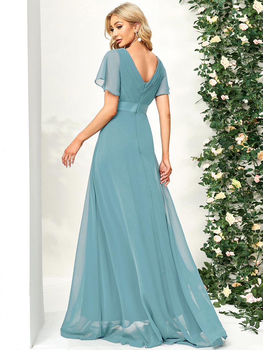 MsDresslyEP Formal Dress Long Empire Waist Bridesmaid Dress with Short Flutter Sleeves