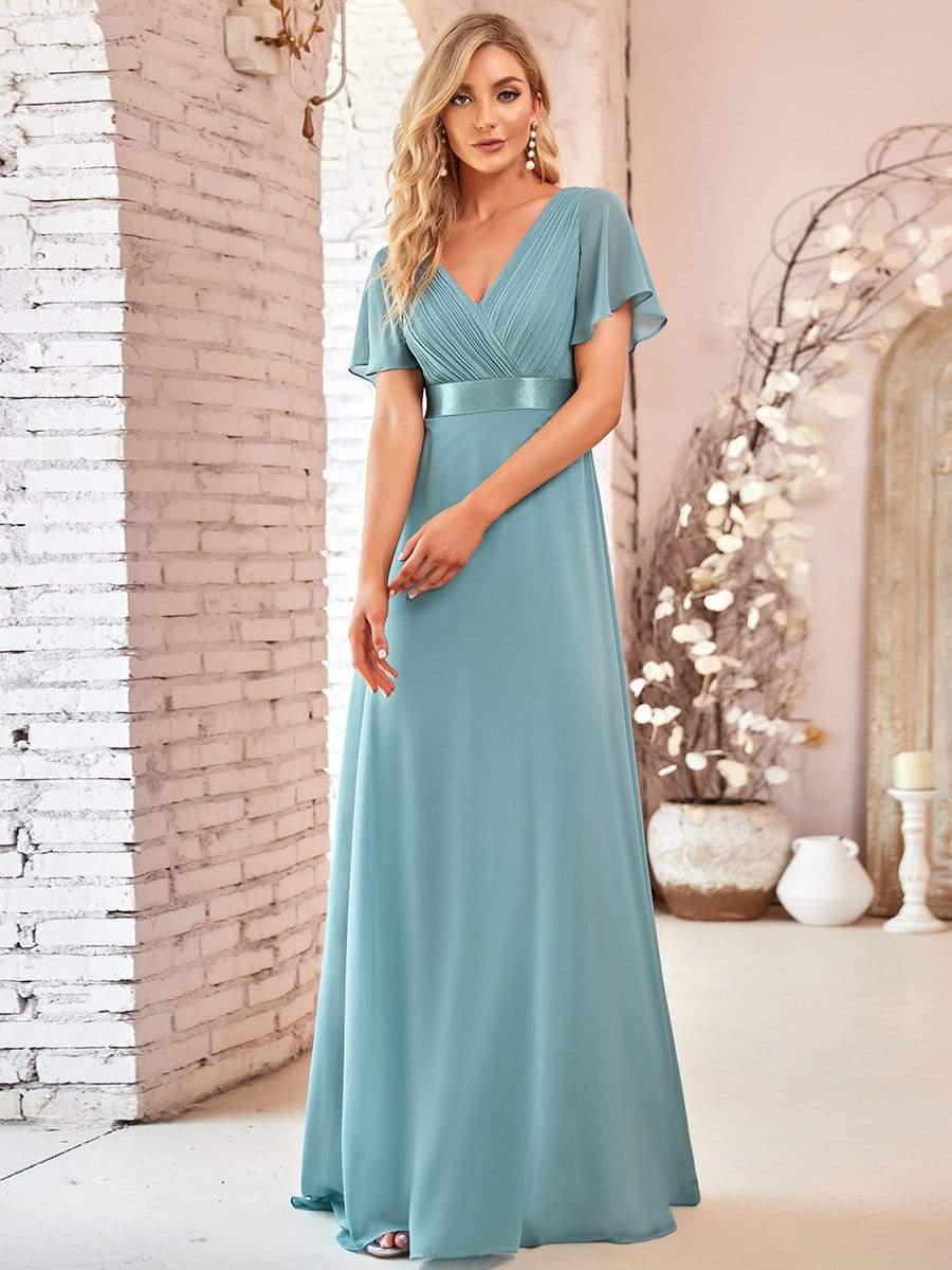 MsDresslyEP Formal Dress Long Empire Waist Bridesmaid Dress with Short Flutter Sleeves