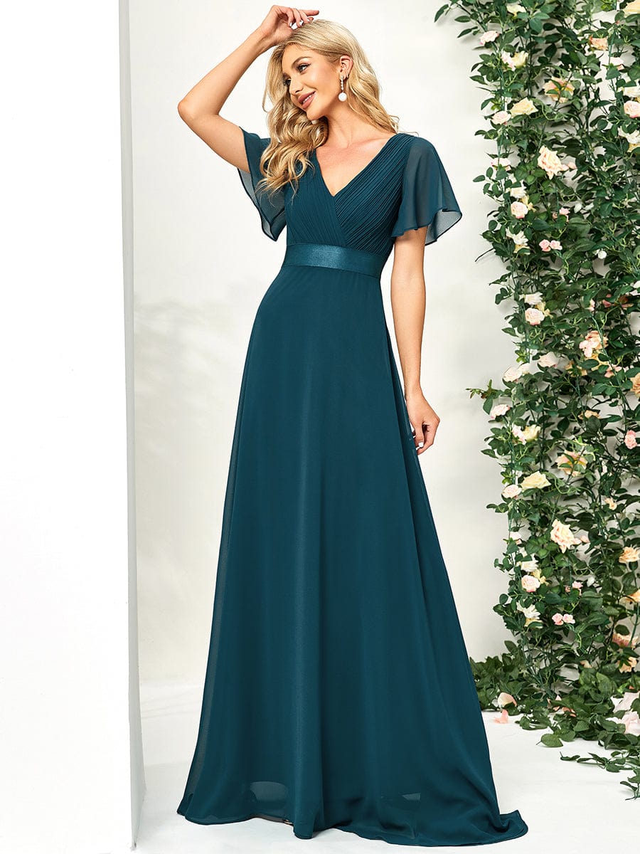 MsDresslyEP Formal Dress Long Empire Waist Bridesmaid Dress with Short Flutter Sleeves