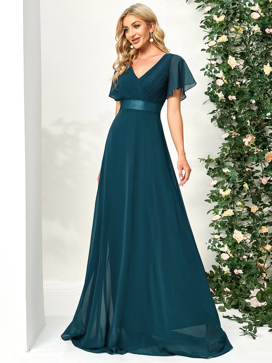 MsDresslyEP Formal Dress Long Empire Waist Bridesmaid Dress with Short Flutter Sleeves