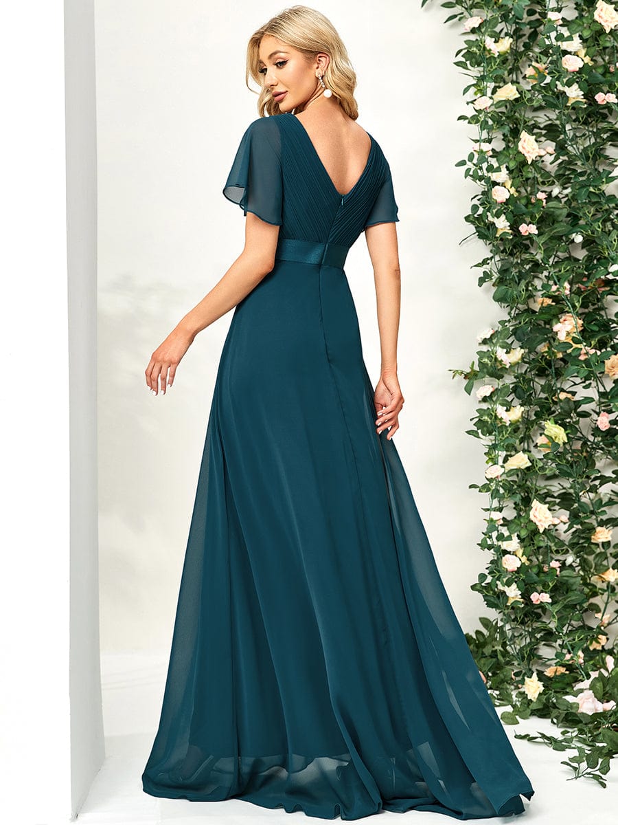 MsDresslyEP Formal Dress Long Empire Waist Bridesmaid Dress with Short Flutter Sleeves