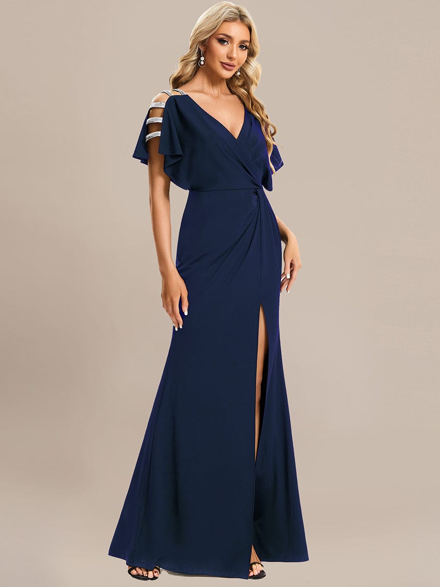 MsDresslyEP Formal Dress Pleated High Slit Hollow Out Sequin Sleeve V-Neck Evening Dress DRE230912A8213NBY4