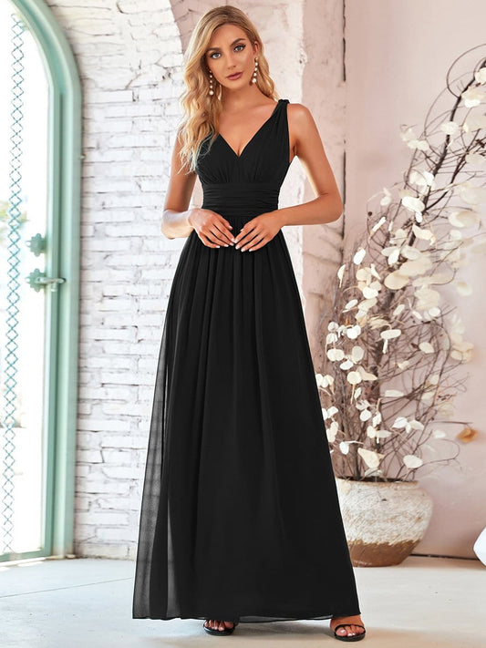 MsDresslyEP Formal Dress Pleated Sleeveless V-Neck Chiffon Maxi Dress DRE230977701BLK4