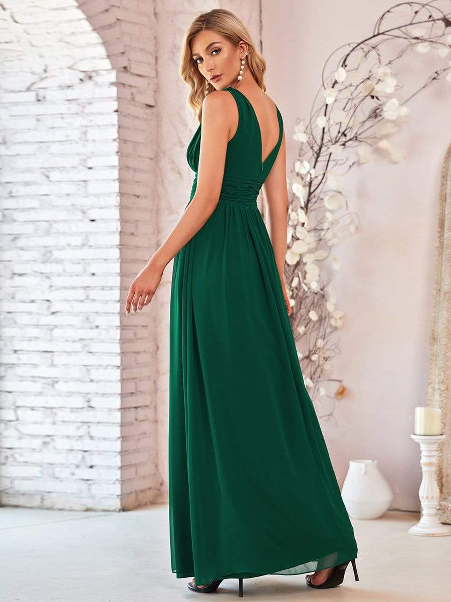 MsDresslyEP Formal Dress Pleated Sleeveless V-Neck Chiffon Maxi Dress