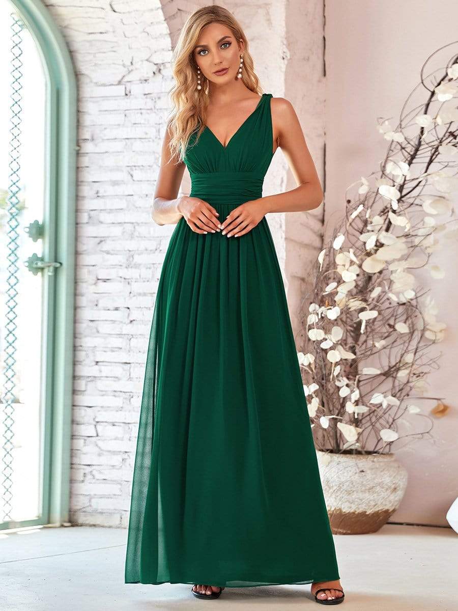 MsDresslyEP Formal Dress Pleated Sleeveless V-Neck Chiffon Maxi Dress