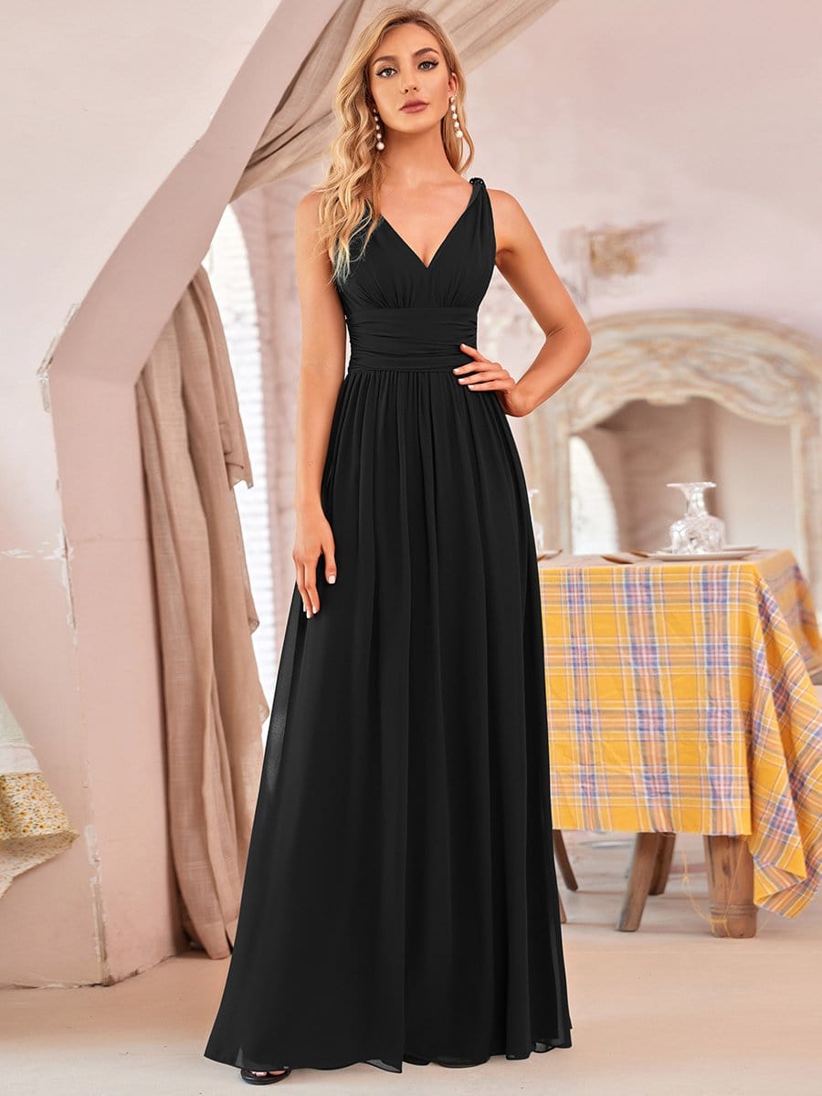 MsDresslyEP Formal Dress Pleated Sleeveless V-Neck Chiffon Maxi Dress