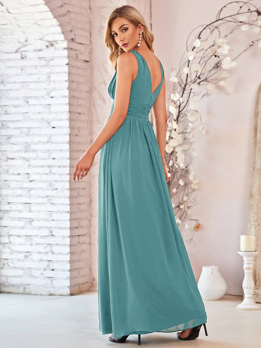 MsDresslyEP Formal Dress Pleated Sleeveless V-Neck Chiffon Maxi Dress