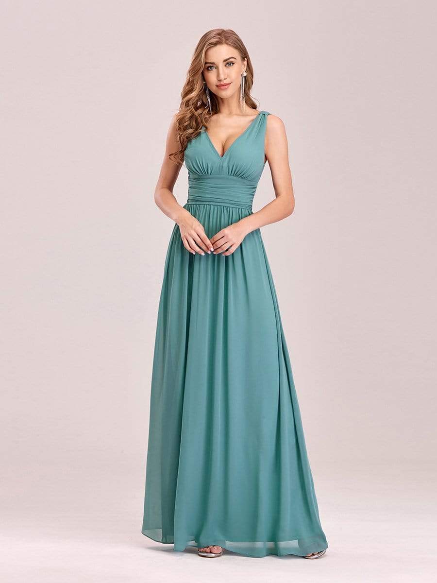 MsDresslyEP Formal Dress Pleated Sleeveless V-Neck Chiffon Maxi Dress