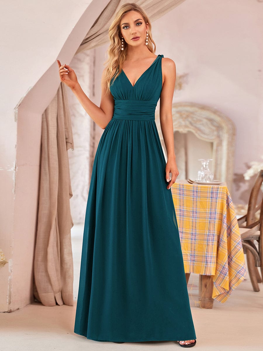 MsDresslyEP Formal Dress Pleated Sleeveless V-Neck Chiffon Maxi Dress