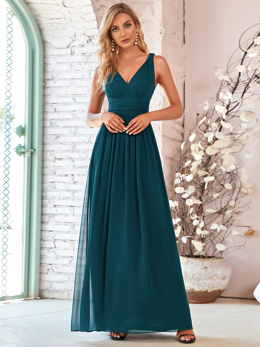 MsDresslyEP Formal Dress Pleated Sleeveless V-Neck Chiffon Maxi Dress