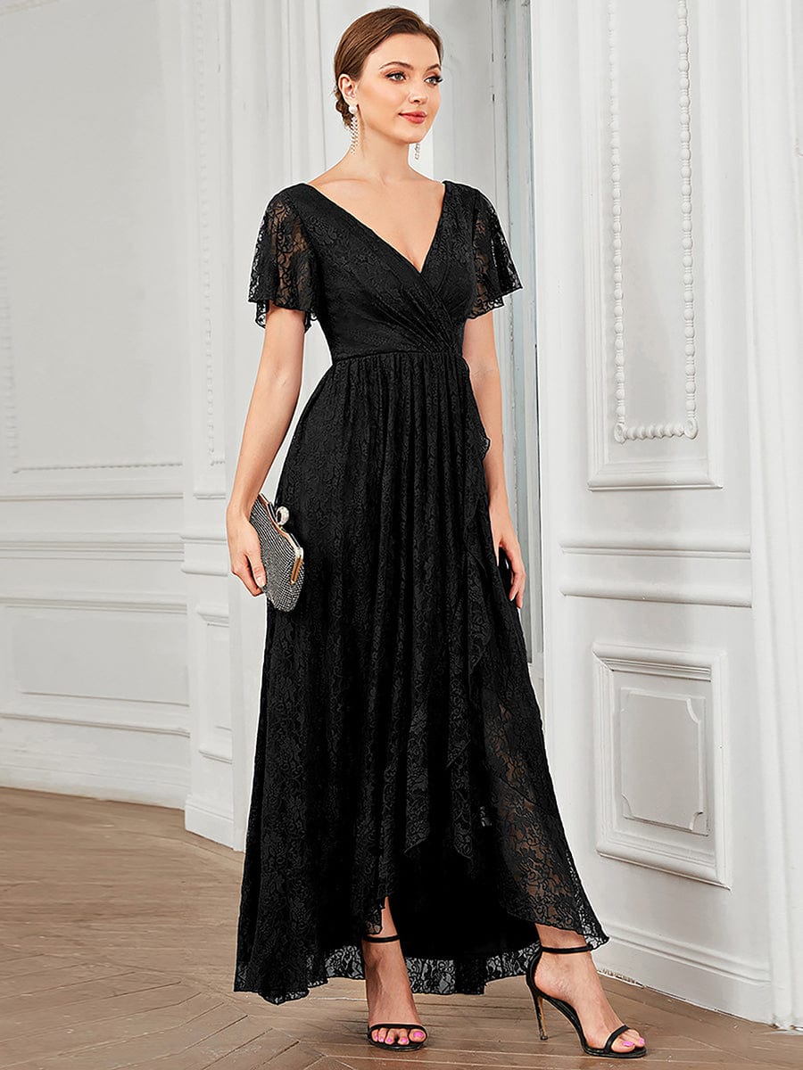 MsDresslyEP Formal Dress Pleated V-Neck Short Sleeve Ruffled Lace Evening Dress DRE230972541BLK4