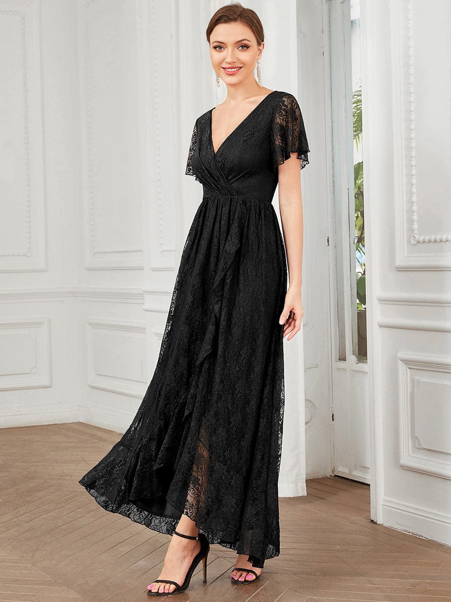 MsDresslyEP Formal Dress Pleated V-Neck Short Sleeve Ruffled Lace Evening Dress