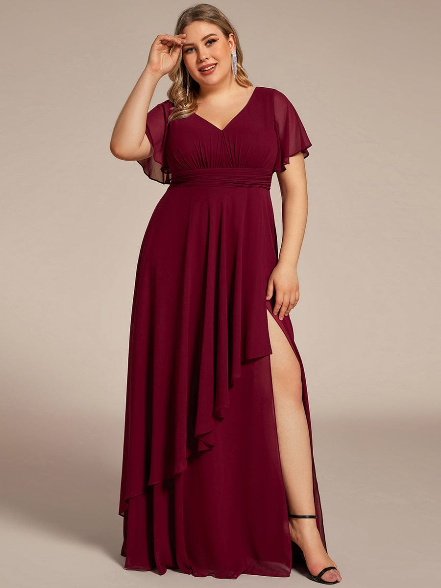 MsDresslyEP Formal Dress Ruffles Sleeve High Slit with Louts Leaf Chiffon Evening Dress