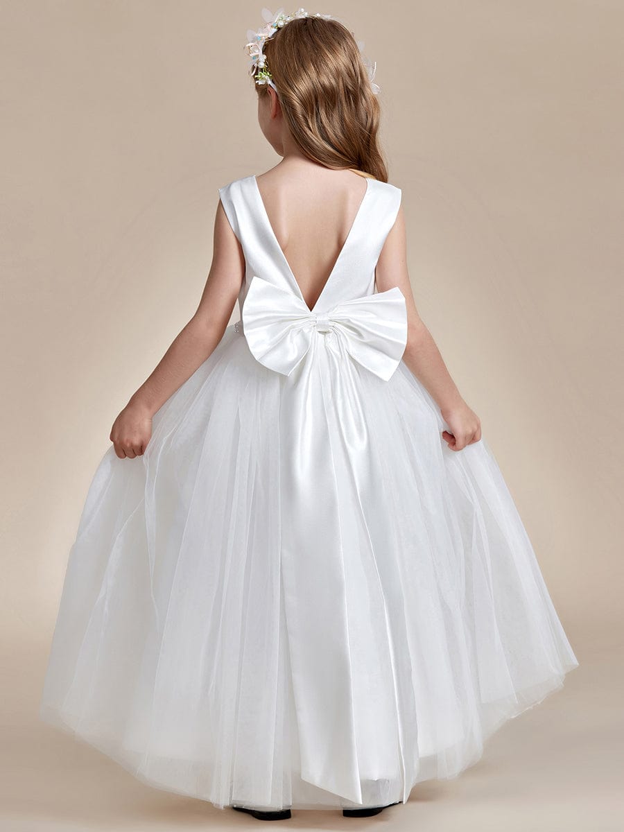 MsDresslyEP Formal Dress Satin Beaded Tulle Princess Flower Girl Dress With Back Bow