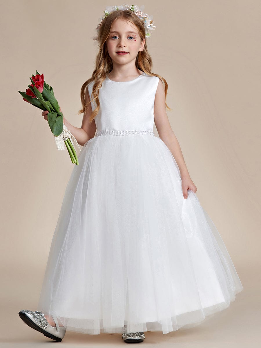 MsDresslyEP Formal Dress Satin Beaded Tulle Princess Flower Girl Dress With Back Bow