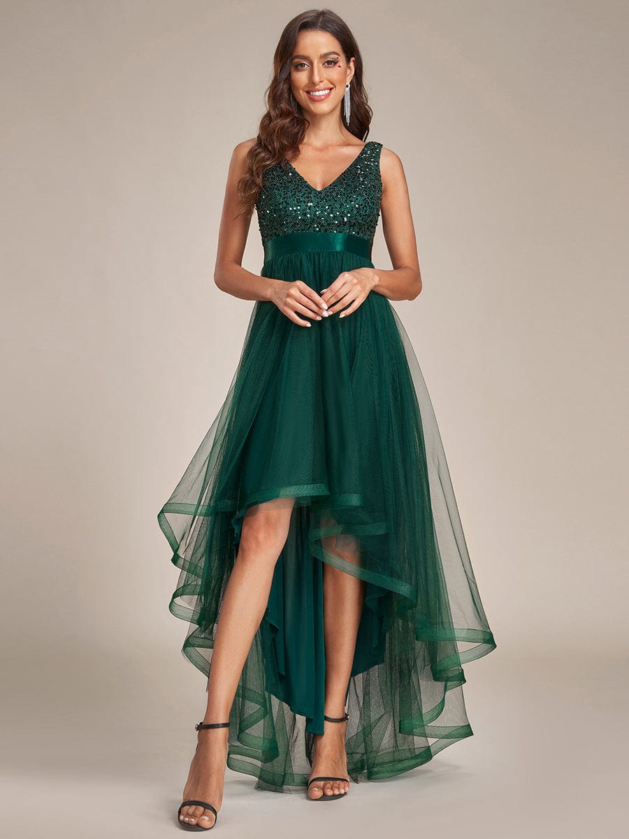 MsDresslyEP Formal Dress Sequin Bodice Tulle High-Low Evening Dress with Ribbon Waist