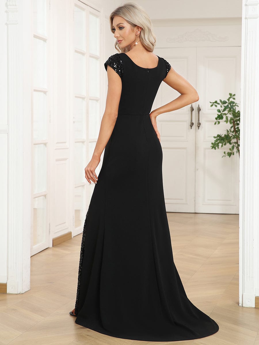 MsDresslyEP Formal Dress Sequin Cap Sleeve V-Neck A-Line Evening Dress