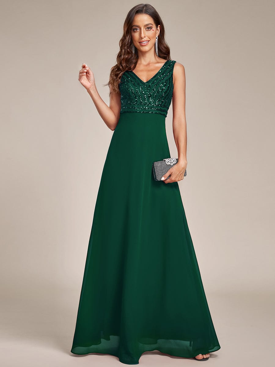 MsDresslyEP Formal Dress Sequin Sleeveless Double V-Neck Formal Evening Dress