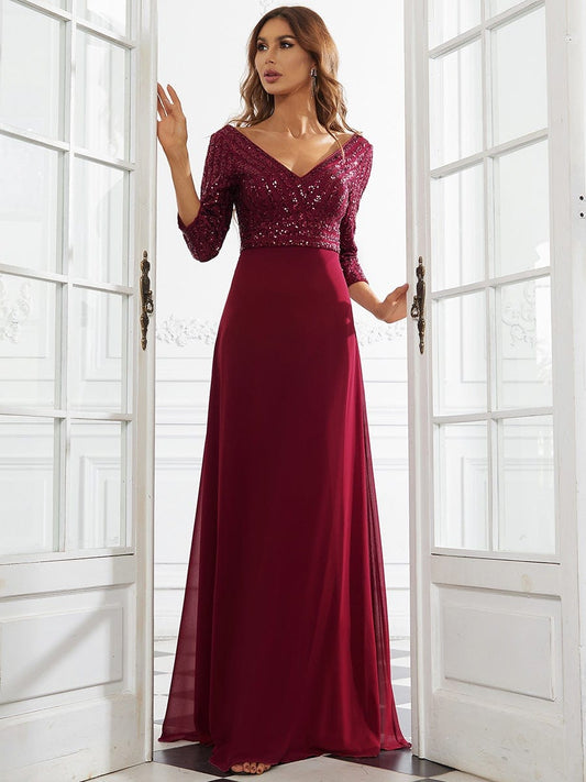 MsDresslyEP Formal Dress Sexy V Neck Sequin Evening Dresses with 3/4 Sleeve DRE230970501BDG4