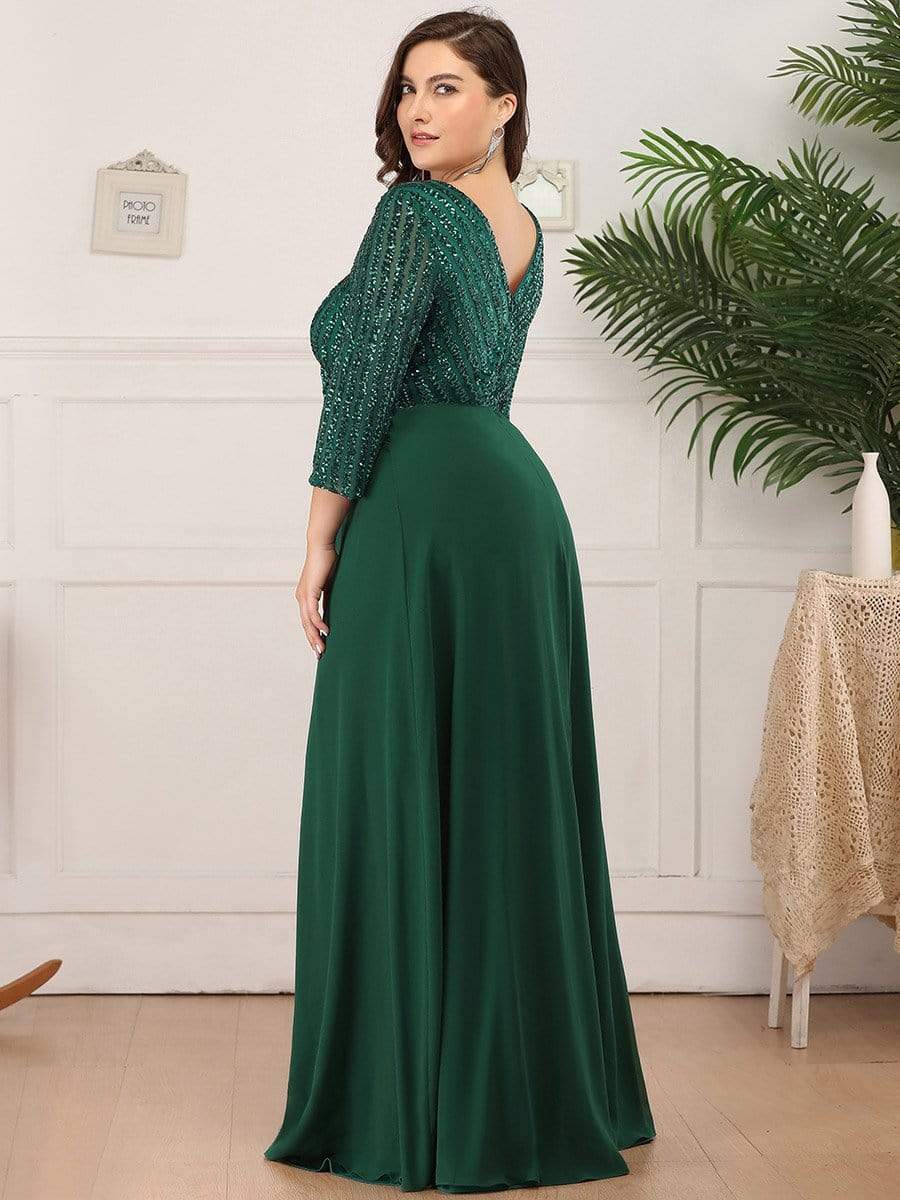 MsDresslyEP Formal Dress Sexy V Neck Sequin Evening Dresses with 3/4 Sleeve