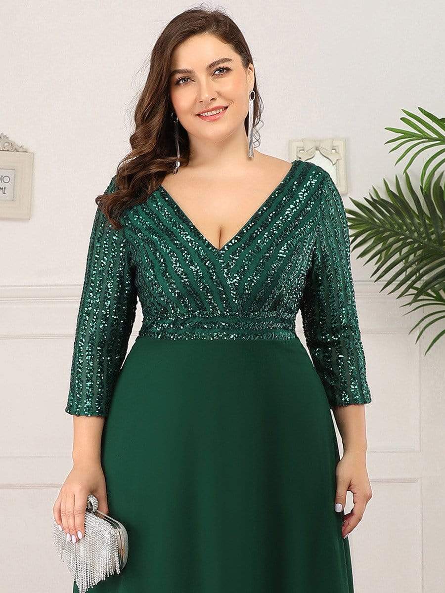 MsDresslyEP Formal Dress Sexy V Neck Sequin Evening Dresses with 3/4 Sleeve