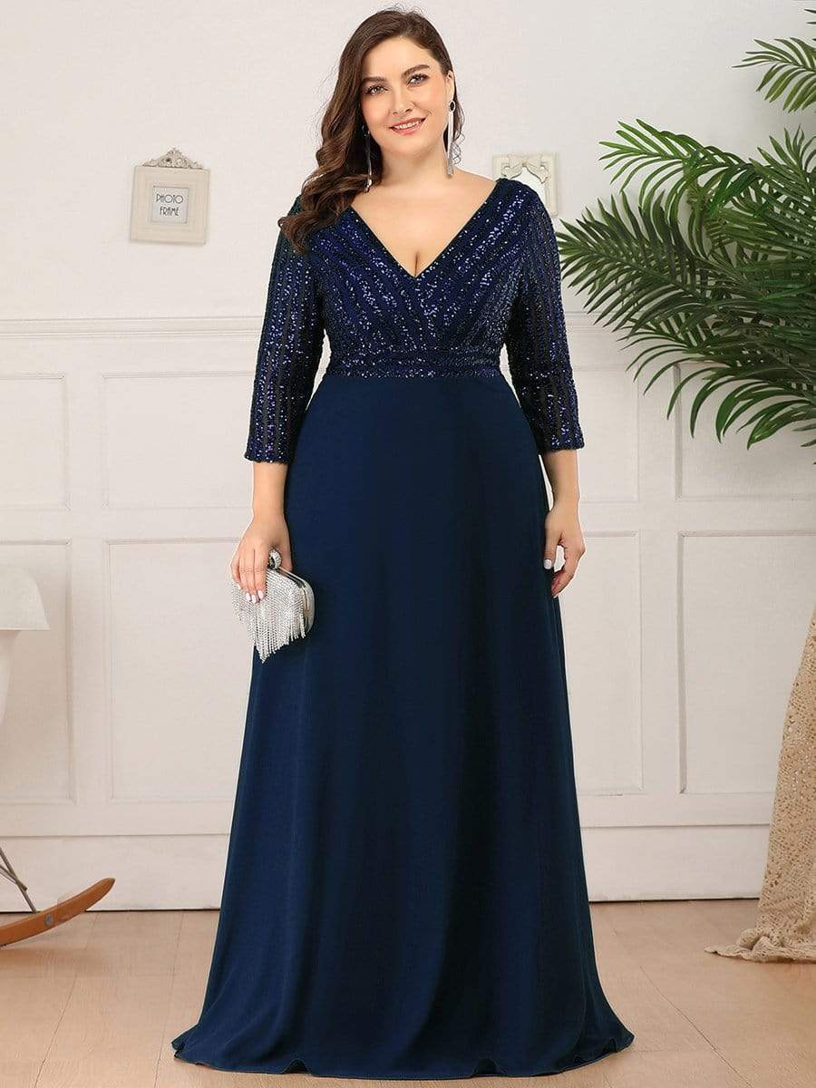 MsDresslyEP Formal Dress Sexy V Neck Sequin Evening Dresses with 3/4 Sleeve