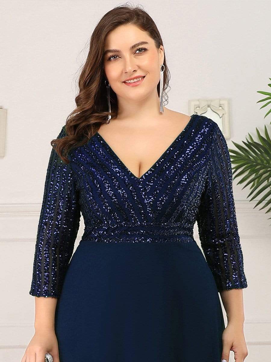 MsDresslyEP Formal Dress Sexy V Neck Sequin Evening Dresses with 3/4 Sleeve