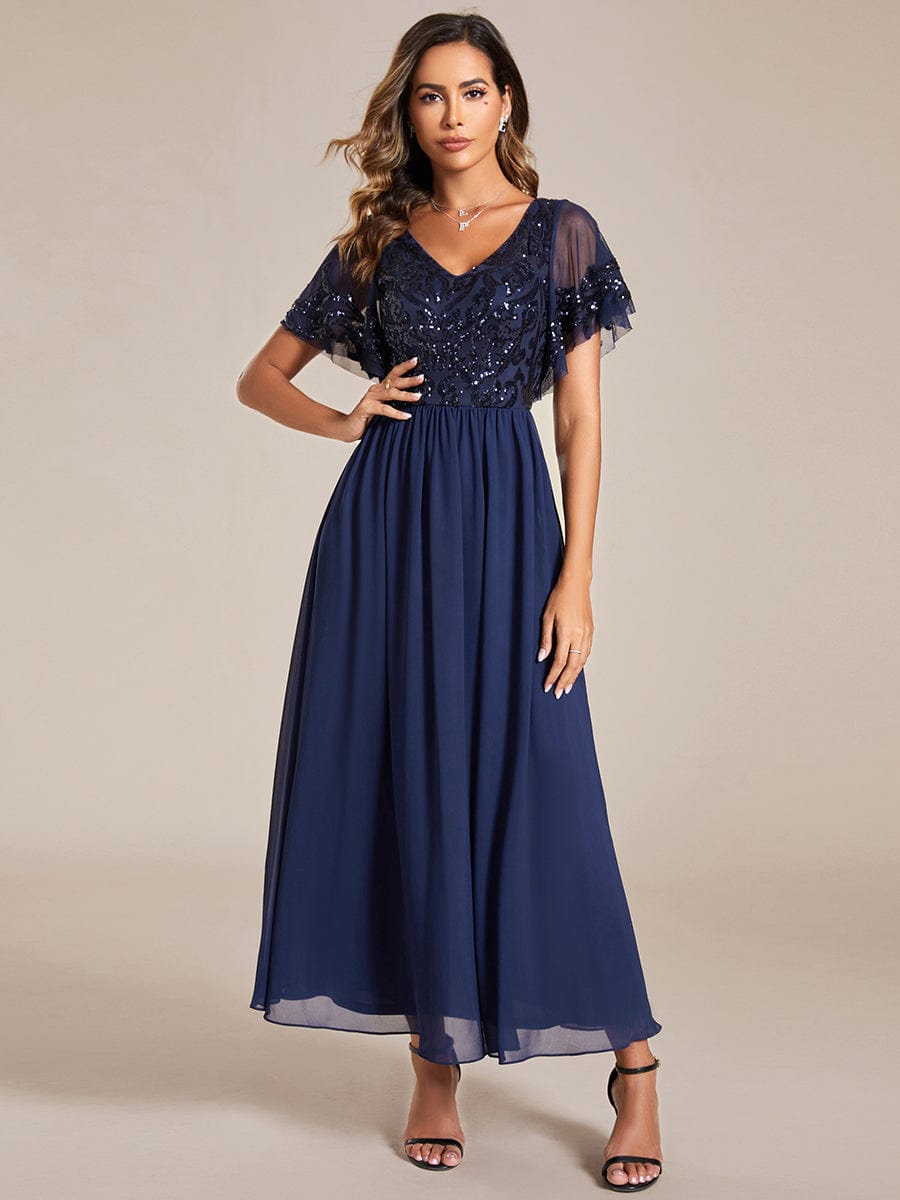 MsDresslyEP Formal Dress Short Sleeve V-Neck Sequin Chiffon A-Line Mother of the Bride Dress DRE2310040010NAV4