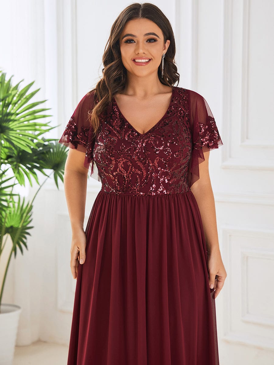 MsDresslyEP Formal Dress Short Sleeve V-Neck Sequin Chiffon A-Line Mother of the Bride Dress