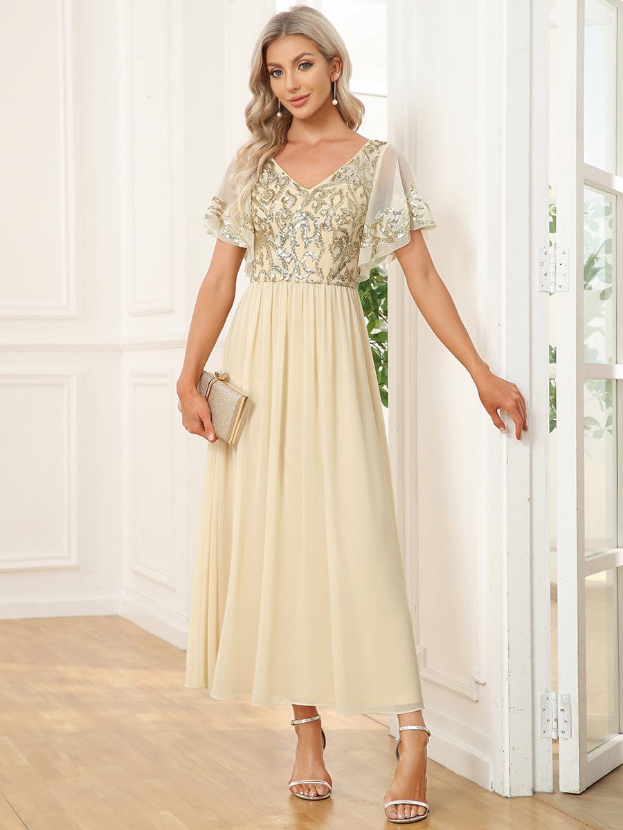 MsDresslyEP Formal Dress Short Sleeve V-Neck Sequin Chiffon A-Line Mother of the Bride Dress