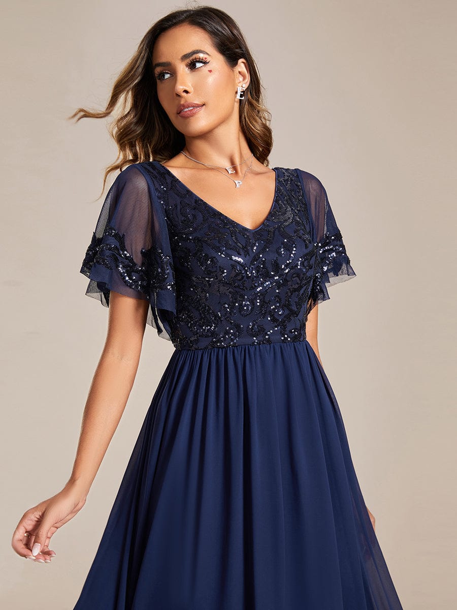 MsDresslyEP Formal Dress Short Sleeve V-Neck Sequin Chiffon A-Line Mother of the Bride Dress