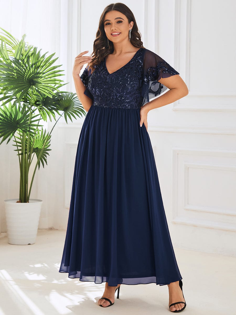 MsDresslyEP Formal Dress Short Sleeve V-Neck Sequin Chiffon A-Line Mother of the Bride Dress