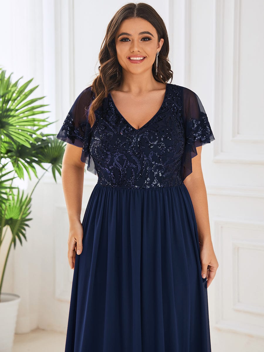 MsDresslyEP Formal Dress Short Sleeve V-Neck Sequin Chiffon A-Line Mother of the Bride Dress