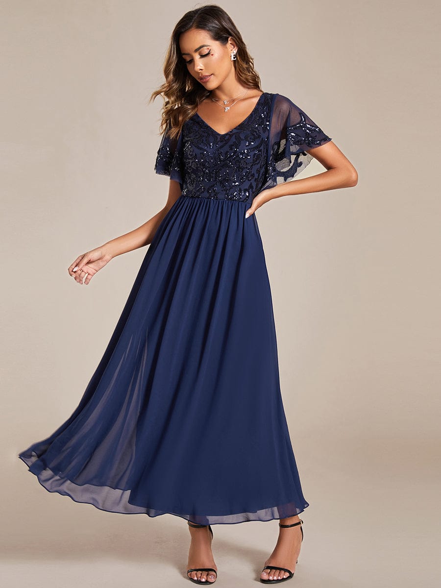 MsDresslyEP Formal Dress Short Sleeve V-Neck Sequin Chiffon A-Line Mother of the Bride Dress