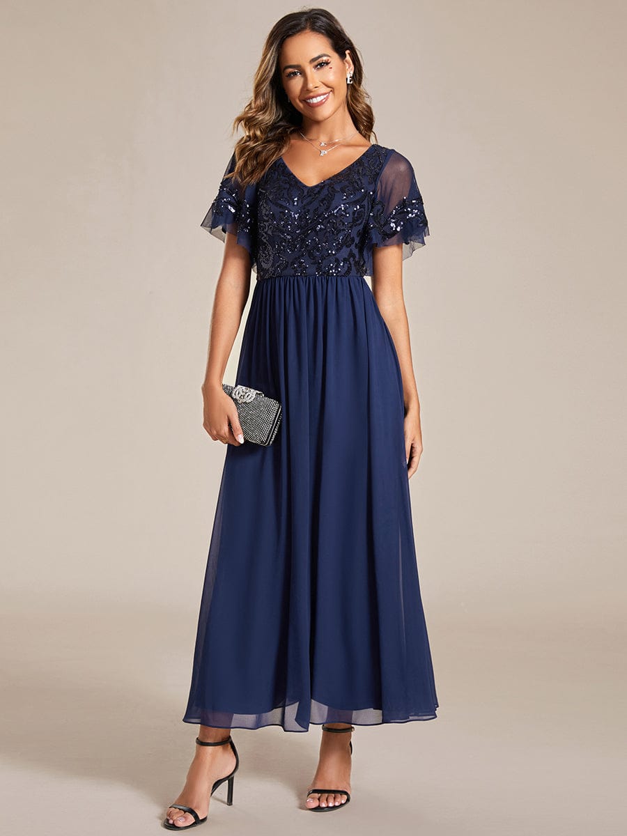 MsDresslyEP Formal Dress Short Sleeve V-Neck Sequin Chiffon A-Line Mother of the Bride Dress