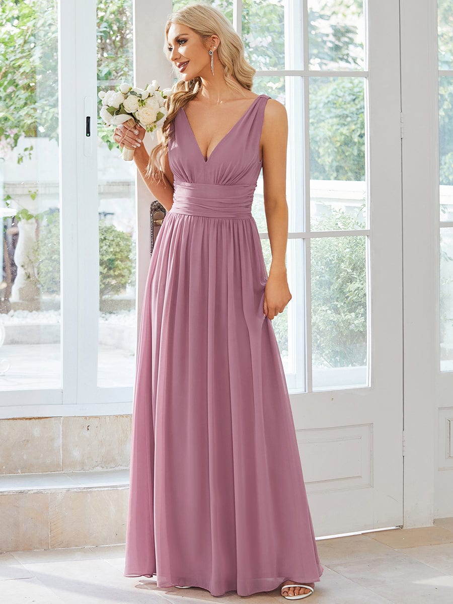 MsDresslyEP Formal Dress Sleeveless V-Neck Plain Chiffon Maxi Bridesmaid Dress