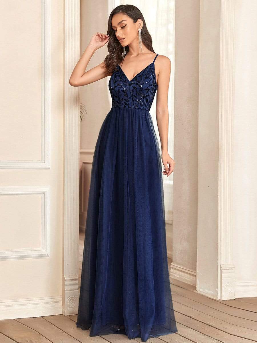 MsDresslyEP Formal Dress Soft Spaghetti Straps V-Neck Embroidery Evening Dress DRE2310040015NAV4