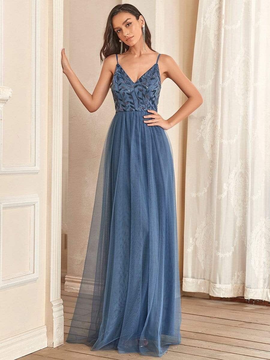 MsDresslyEP Formal Dress Soft Spaghetti Straps V-Neck Embroidery Evening Dress