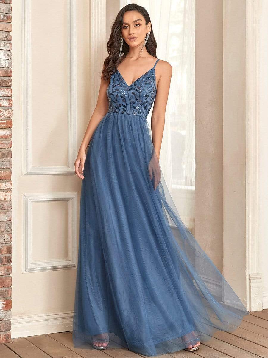 MsDresslyEP Formal Dress Soft Spaghetti Straps V-Neck Embroidery Evening Dress