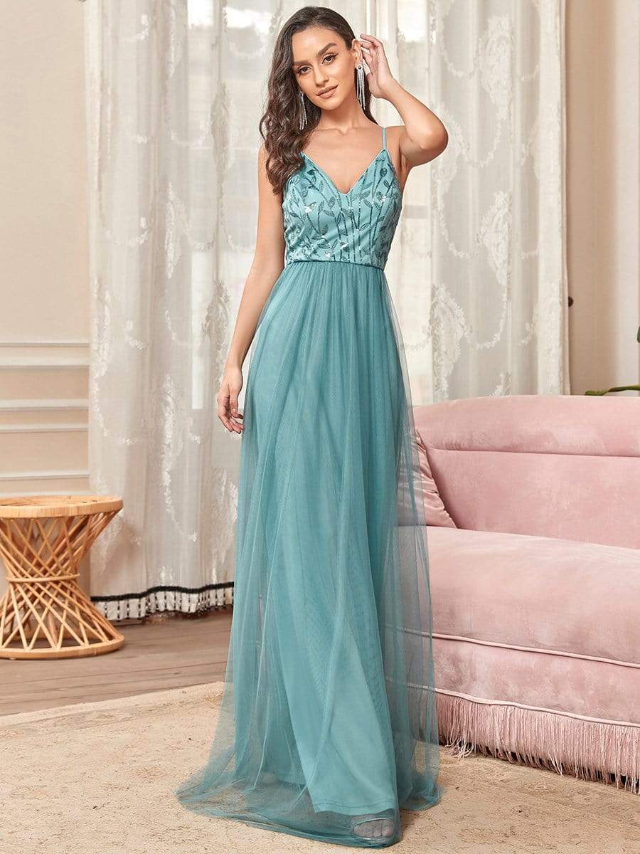 MsDresslyEP Formal Dress Soft Spaghetti Straps V-Neck Embroidery Evening Dress