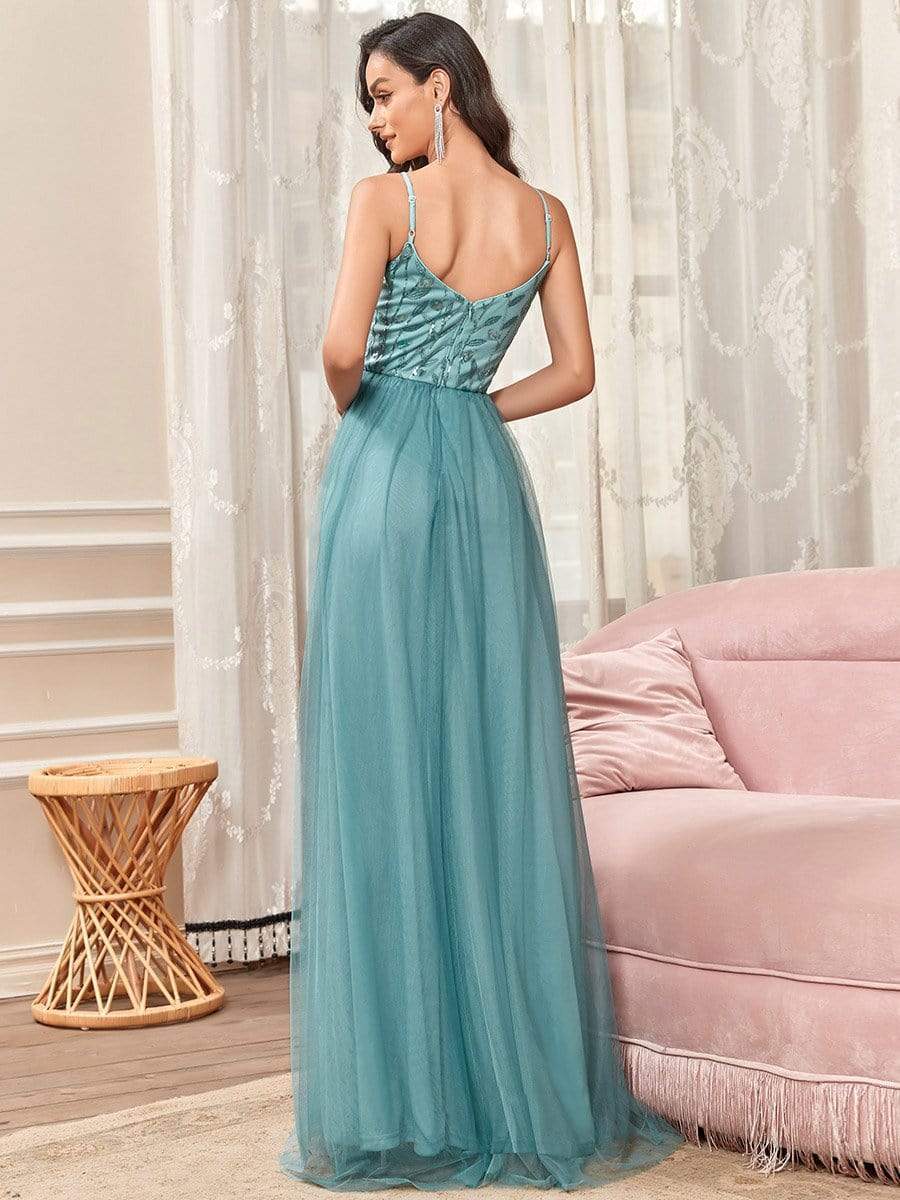 MsDresslyEP Formal Dress Soft Spaghetti Straps V-Neck Embroidery Evening Dress